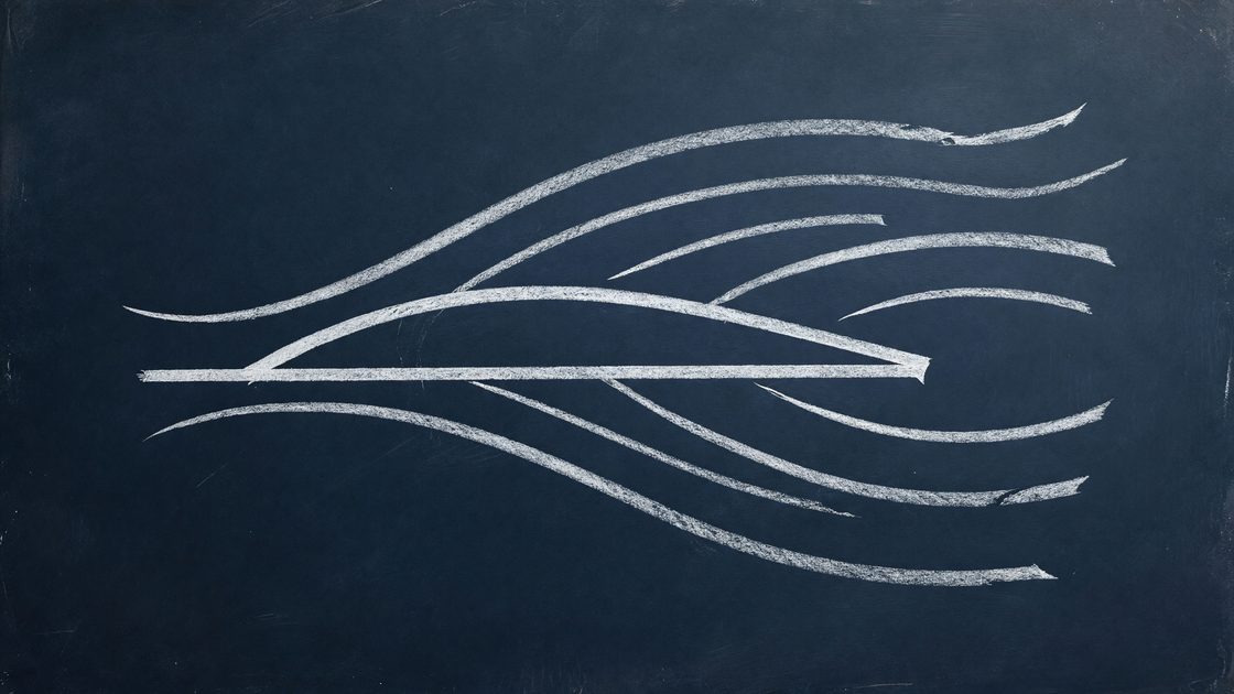 Abstract illustration of an airfoil cross-section with airflow lines curving above and below it, symbolizing aerodynamic lift