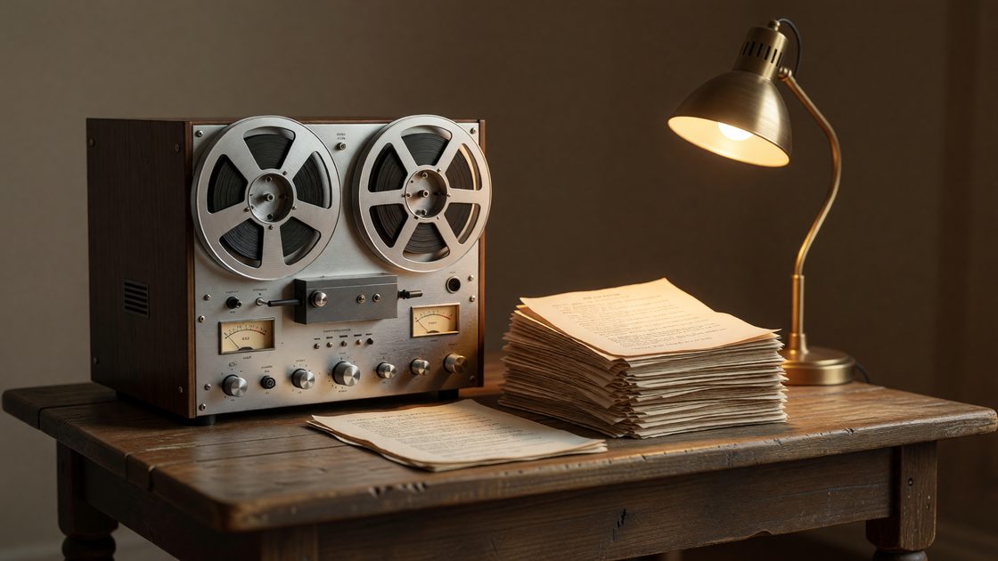 Abstract illustration of an open reel-to-reel tape recorder beside a stack of paper transcripts, symbolizing an oral-history archive