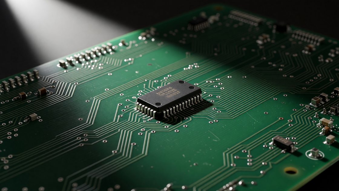 Abstract illustration of a bare circuit board with a single processor chip highlighted, symbolizing early computer hardware design