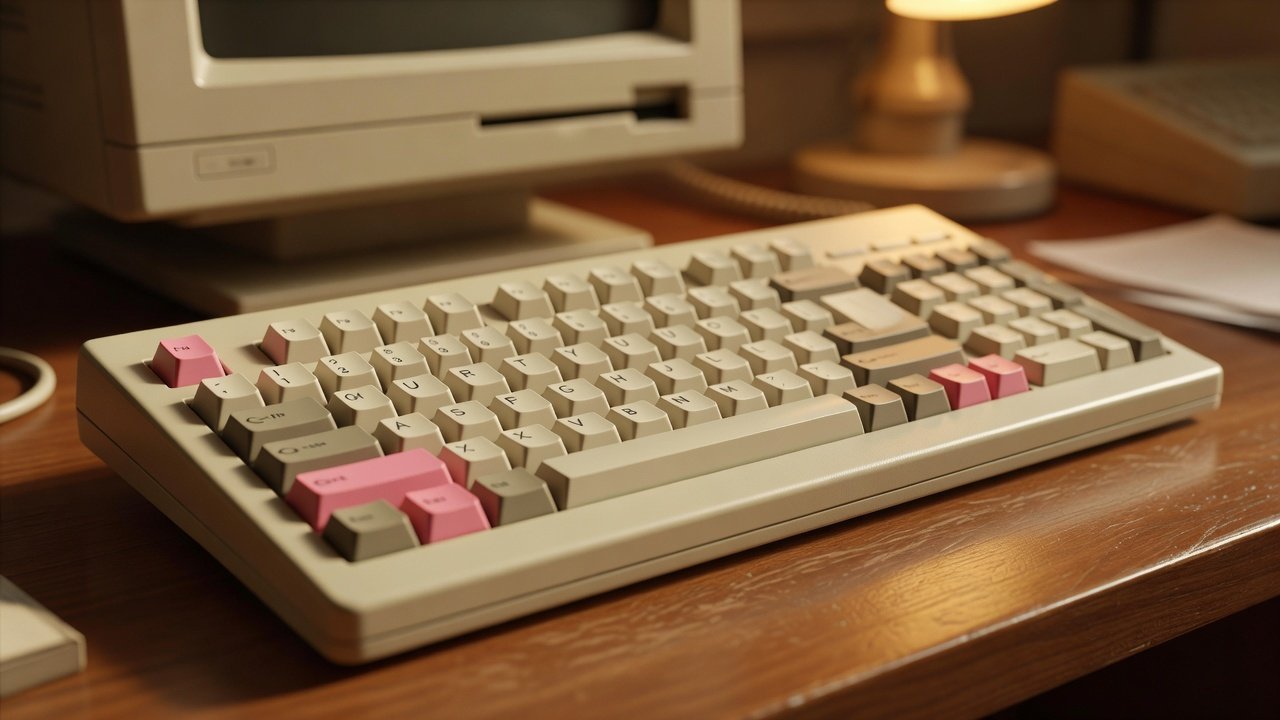 Vintage keyboard on a wooden desk, anonymized, monochrome aesthetic evoking early 1980s office computing