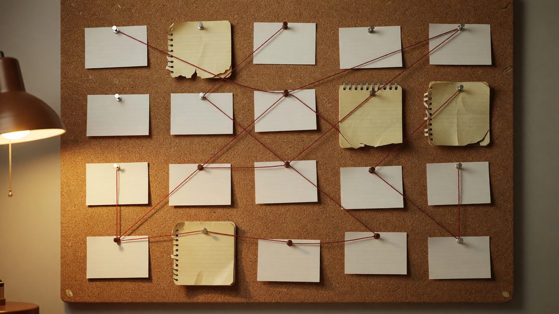 Abstract illustration of scattered index cards and photographs pinned to a corkboard, symbolizing an oral-history archive