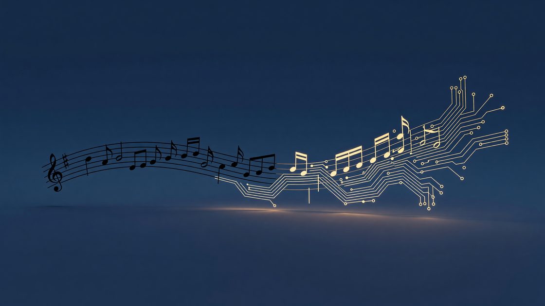 Abstract illustration of a musical staff transforming into circuit-board traces, symbolizing the connection between musical structure and interface design