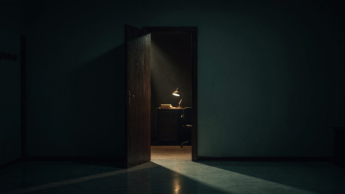 Abstract illustration of an open office door with a single desk lamp left on, symbolizing a departure from a project
