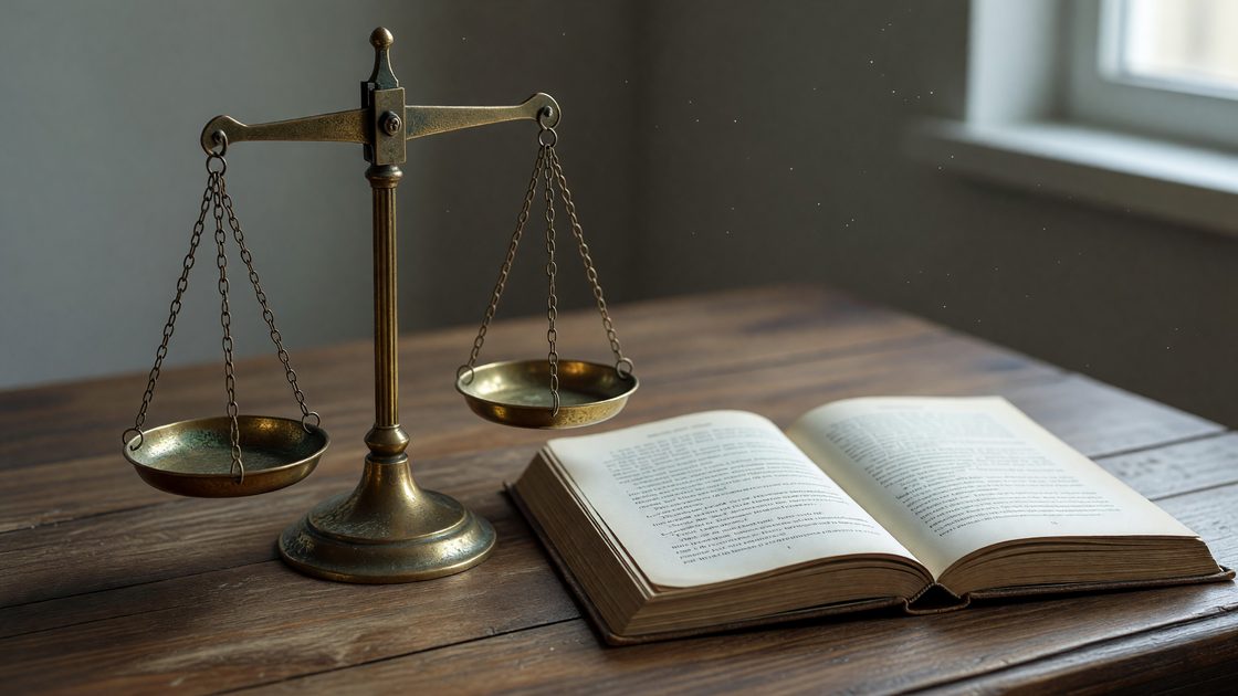 Antique brass balance scale on a desk beside an open book, evoking moral philosophy and ethical judgment